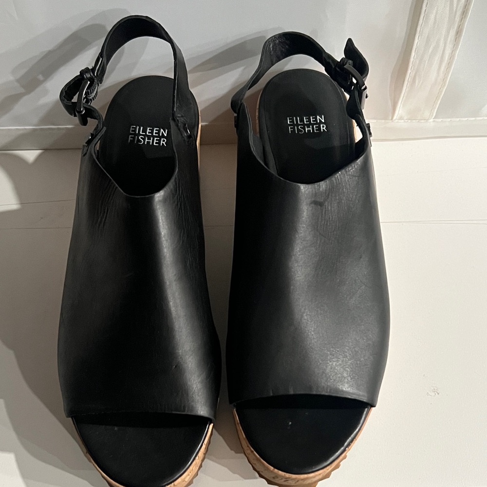 Eileen Fisher Black Leather Wedge  Mules 9.5